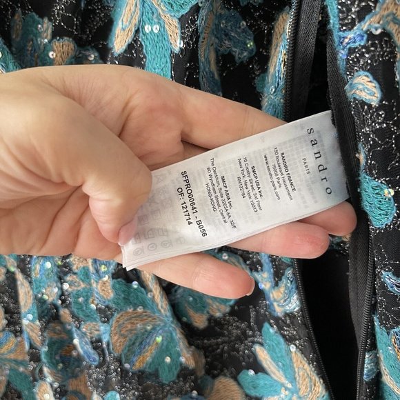 SANDRO Dress Sequins blue Flowers Sz 40 Gold - Picture 3 of 9